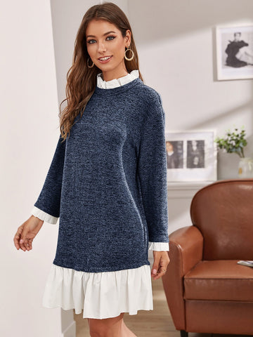 Ruffle Hem Colour Block Marled Knit 2 IN 1 Jumper Dress