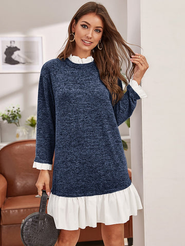 Ruffle Hem Colour Block Marled Knit 2 IN 1 Jumper Dress