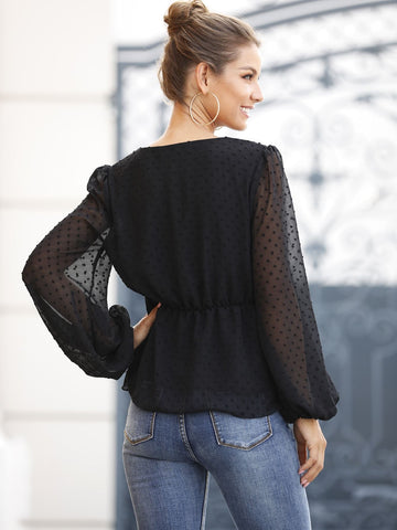 V-neck Ruffle Hem Swiss Dot Blouse