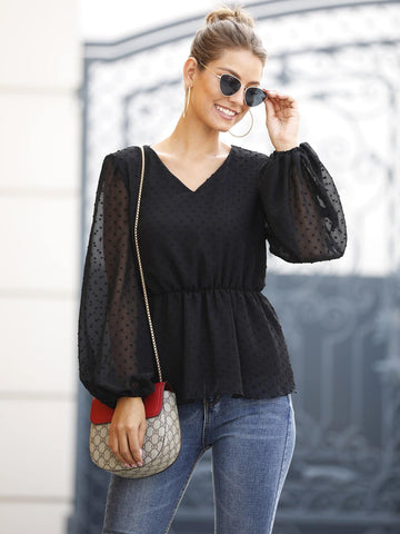 V-neck Ruffle Hem Swiss Dot Blouse