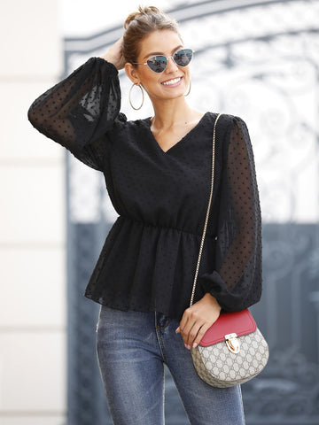 V-neck Ruffle Hem Swiss Dot Blouse