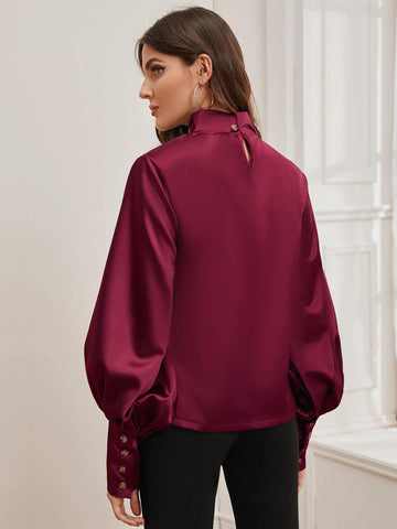Solid High Neck Satin Blouse