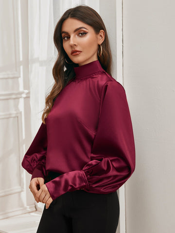 Solid High Neck Satin Blouse