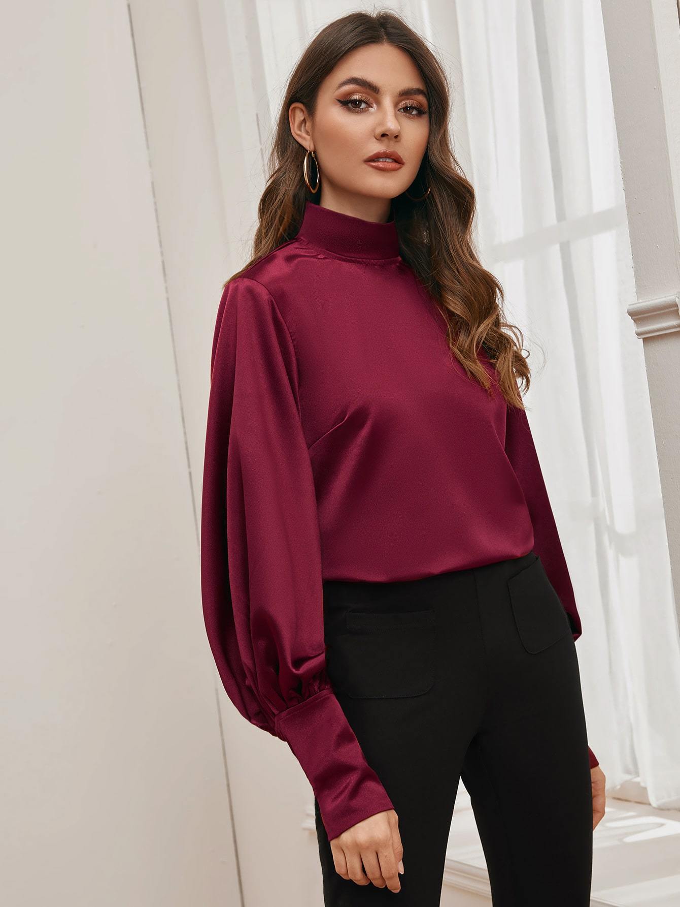 Solid High Neck Satin Blouse