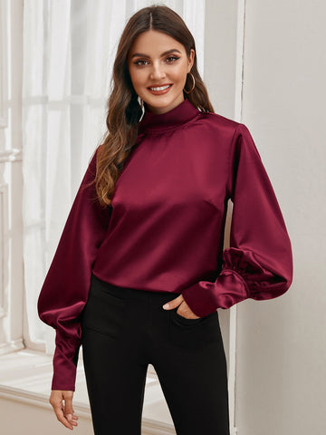 Solid High Neck Satin Blouse