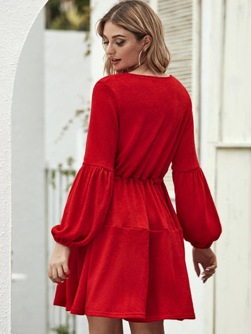 Solid Wrap Front Drawstring Waist Jumper Dress