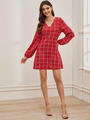 Grid Print V-Neck Short Dress