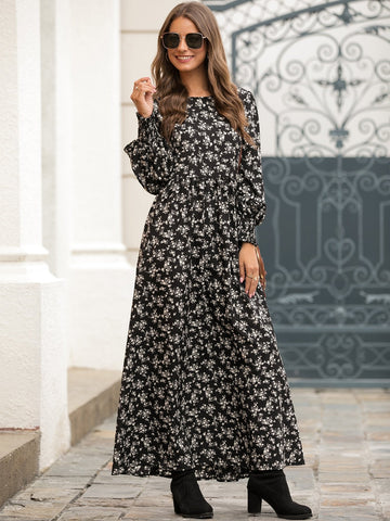 Floral Print Shirred Cuff Maxi Dress