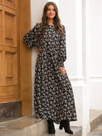 Floral Print Shirred Cuff Maxi Dress