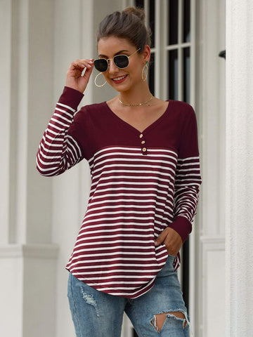 V Neck Contrast Panel Striped Tee