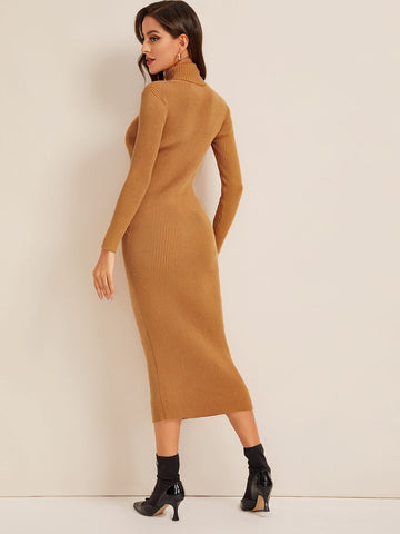 High Neck Ribbed Knit Jumper Dress Without Belted