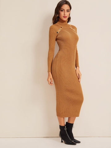 High Neck Ribbed Knit Jumper Dress Without Belted