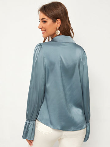 Button Front Flounce Sleeve Satin Blouse