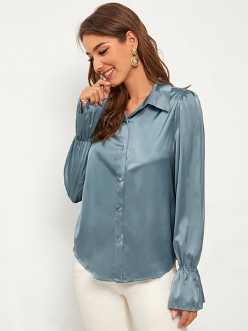 Button Front Flounce Sleeve Satin Blouse