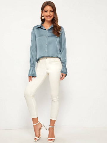 Button Front Flounce Sleeve Satin Blouse
