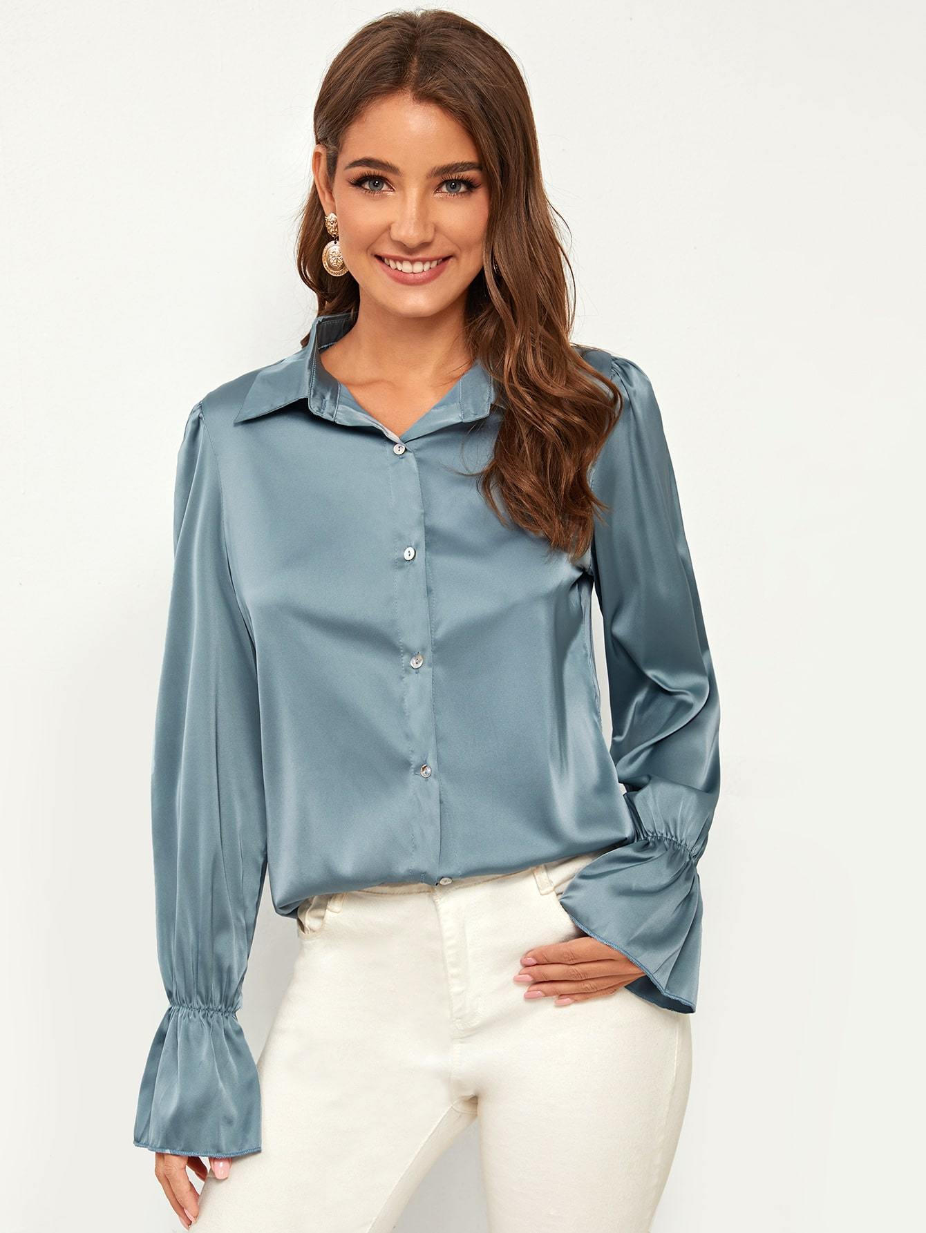 Button Front Flounce Sleeve Satin Blouse
