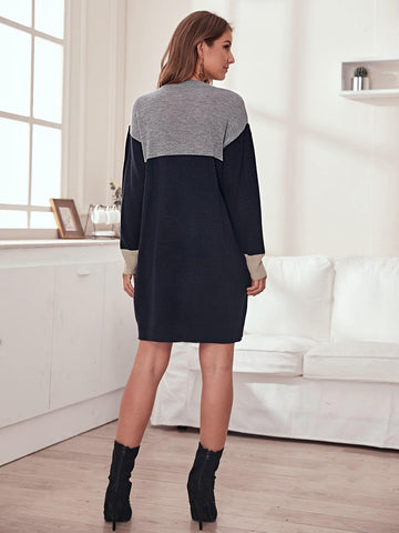 Colour Block Drop Shoulder Jumper Dress Without Bra