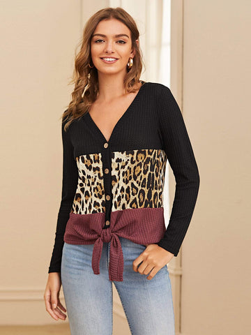 Leopard Print Colour-block Waffle Knit Button Front Cardigan