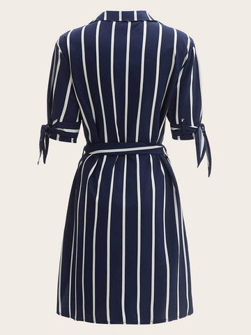 Striped Knot Cuff Belted Shirt Dress