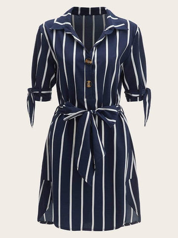 Striped Knot Cuff Belted Shirt Dress