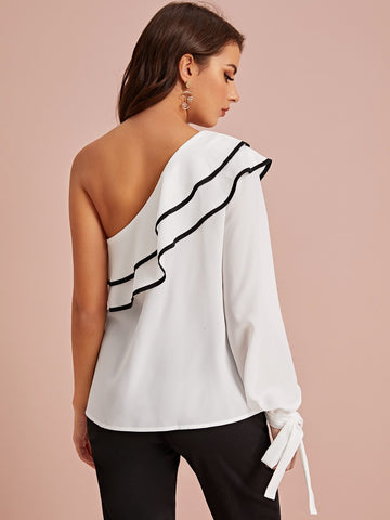 Contrast Binding One Shoulder Tie Cuff Blouse