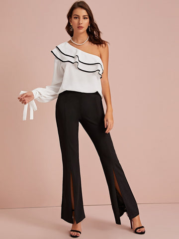 Contrast Binding One Shoulder Tie Cuff Blouse
