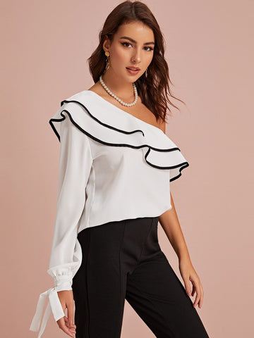 Contrast Binding One Shoulder Tie Cuff Blouse