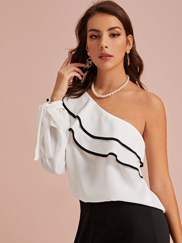 Contrast Binding One Shoulder Tie Cuff Blouse