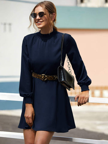 Shirred Frill Trim Belted A-line Dress
