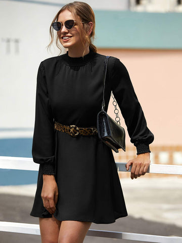 Shirred Frill Trim Belted A-line Dress