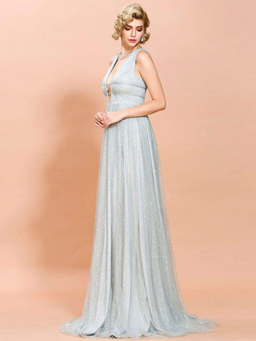 Missord Laddering Plunge Neck Glitter Prom Dress