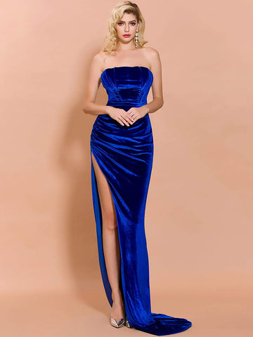 Missord Split Thigh Tube Velvet Prom Dress
