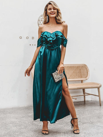 Simplee Off Shoulder Split Thigh Ruffle Dress