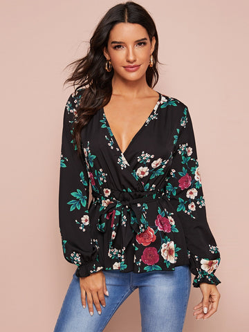 Floral Print Belted Peplum Top