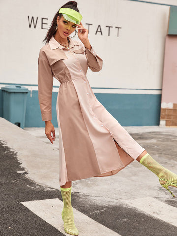 Contrast Panel Longline Shirt Dress