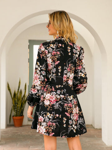 Notched Floral Print A-line Dress