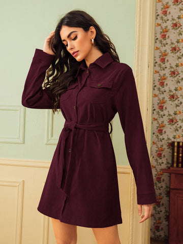 Corduroy Self Tie Utility Shirt Dress