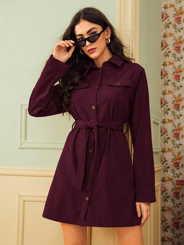 Corduroy Self Tie Utility Shirt Dress