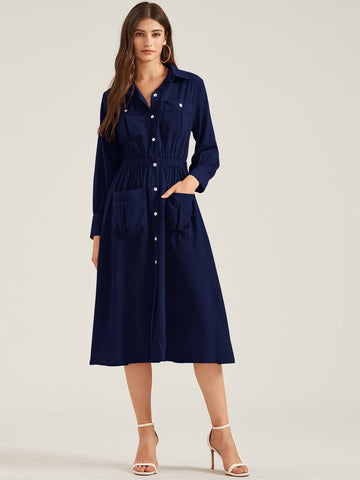 Dual Pocket Button Through Shirt Dress