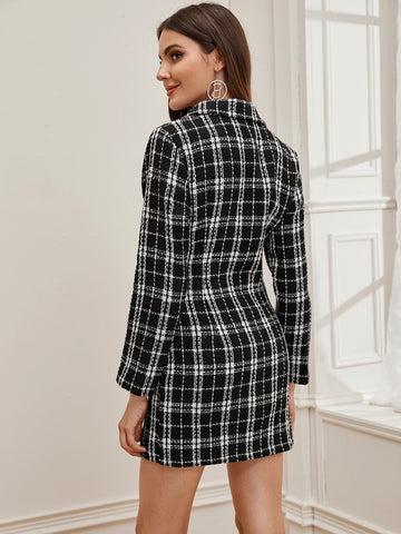 Plaid Double Button Shawl Collar Tweed Blazer Dress