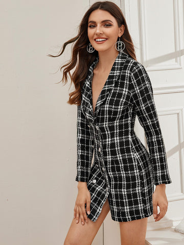 Plaid Double Button Shawl Collar Tweed Blazer Dress