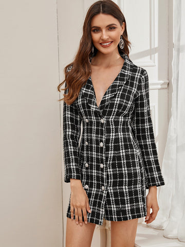 Plaid Double Button Shawl Collar Tweed Blazer Dress