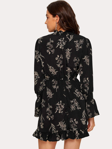 Plants Print Drawstring Waist Ruffle Hem Dress