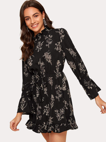 Plants Print Drawstring Waist Ruffle Hem Dress