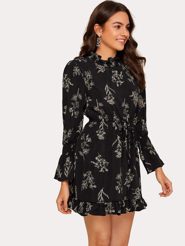 Plants Print Drawstring Waist Ruffle Hem Dress