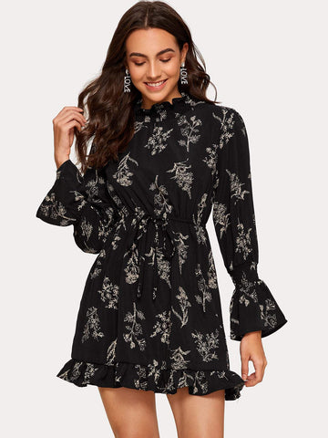 Plants Print Drawstring Waist Ruffle Hem Dress