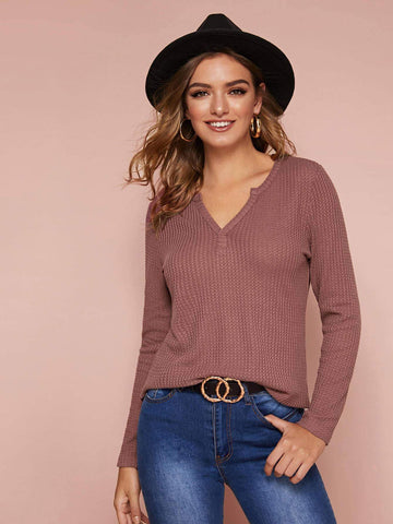 Solid Notched Neck Long Sleeve Tee