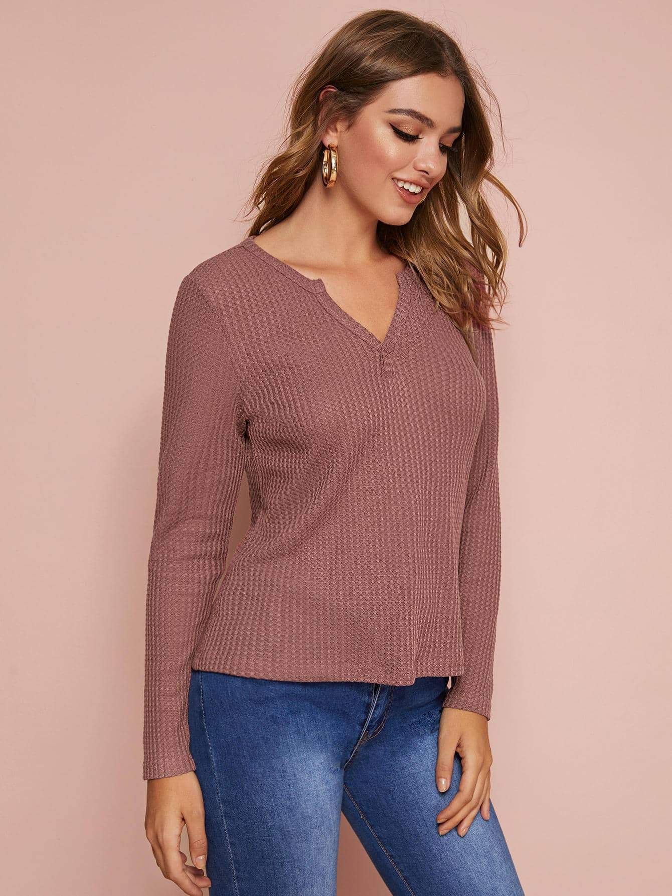 Solid Notched Neck Long Sleeve Tee