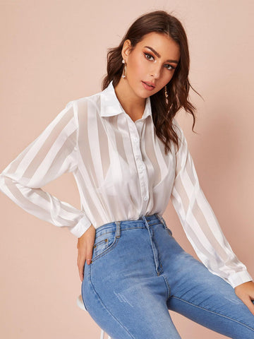 Solid Button Through Sheer Satin Blouse
