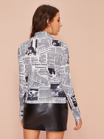Newspaper Print Mock Neck Tee